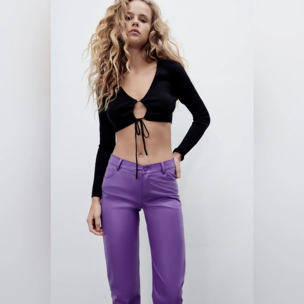 Blogger Fav! ZARA S Faux Leather Dark Mauve/Purple Pants Straight Leg Lined - Picture 3 of 16